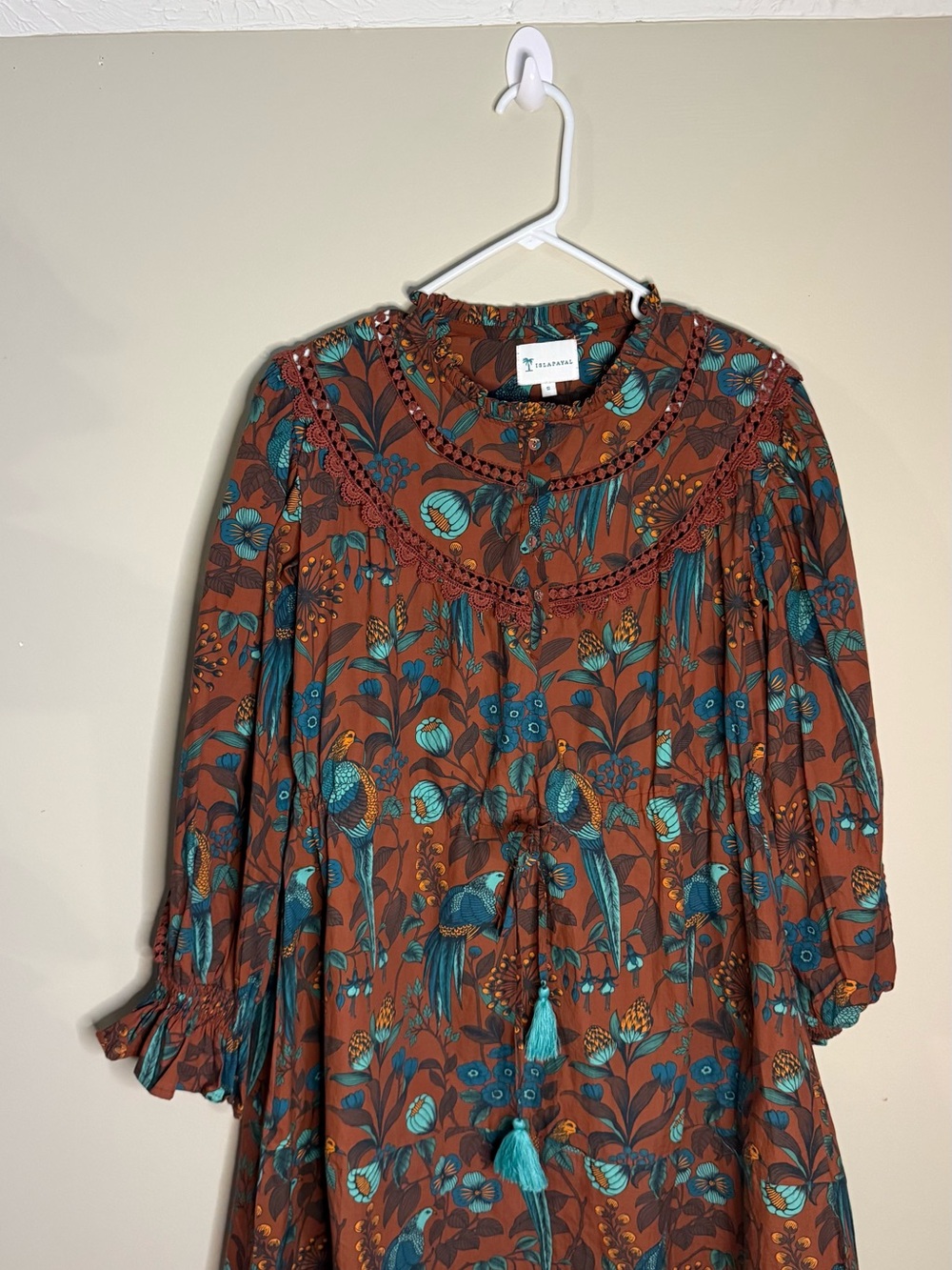 Islapayal brown and blue floral and bird print dress with tassels,